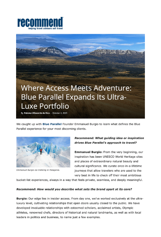 Emmanuel Burgio speaks to Recommend magazine about Blue Parallel luxury tours