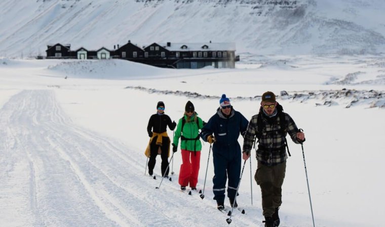 Group of people Nordic Skiing in the Troll Peninsula during winter Iceland tour