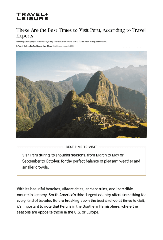 Emmanuel Burgio shares best time to visit Peru with Travel + Leisure