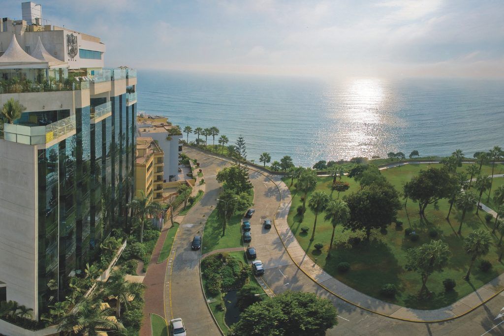 Aerial view of the Miraflores Park Hotel next to the coastline in Lima in Peru