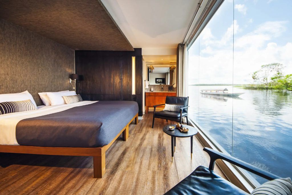 Luxury suite on the luxury Aria boat in the Peruvian Amazon
