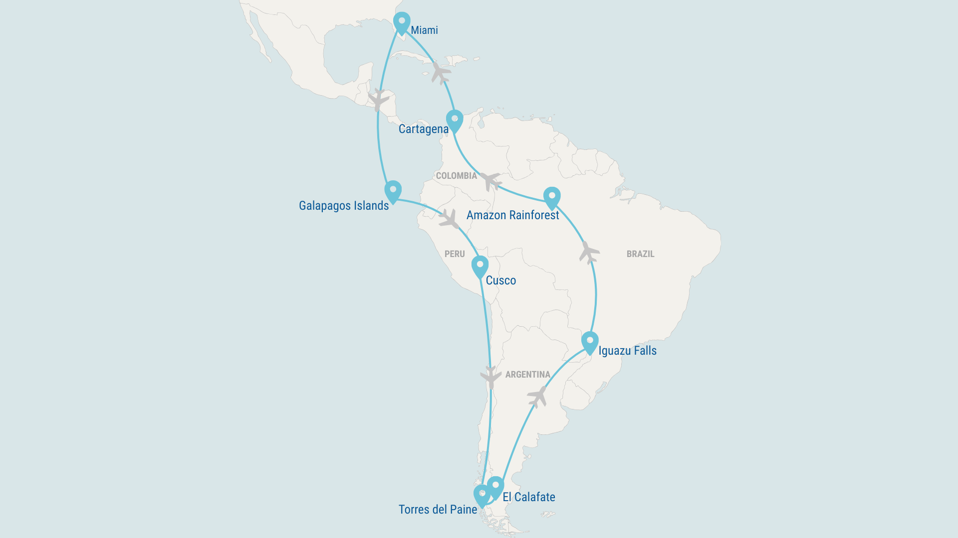 Map view of small private jet flight path during Essential South America luxury tour
