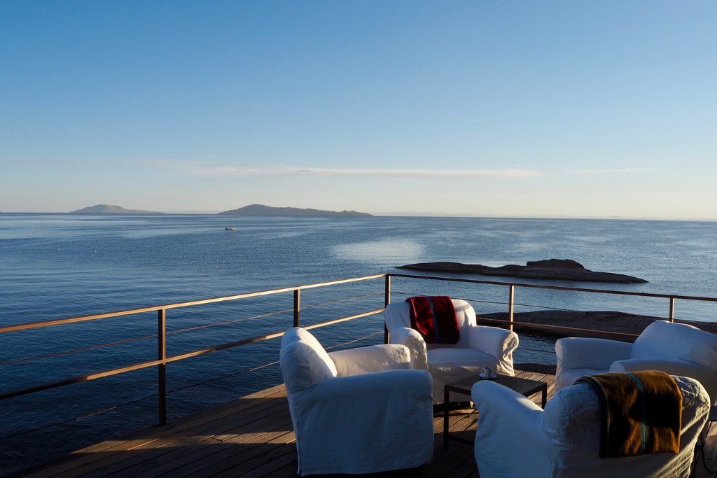 View of Lake Titicaca from terrace of Titilaka luxury lodge