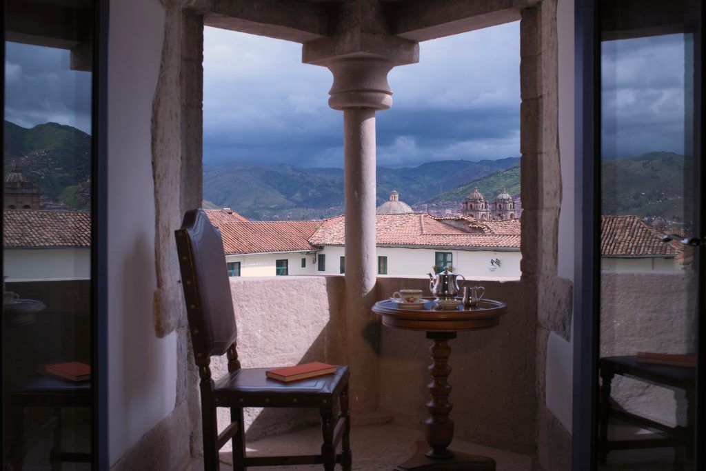 Terrace view at the luxury Palacio Nazarenas hotel in Cusco Peru