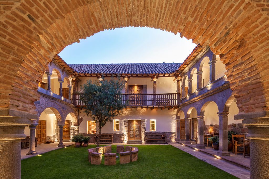 View of beautiful garden at the stunning La Casona hotel in Cusco in Peru