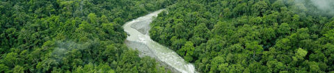 Aerial view of the Pacuare River winding through the lush rainforest of Costa Rica during a luxury tour