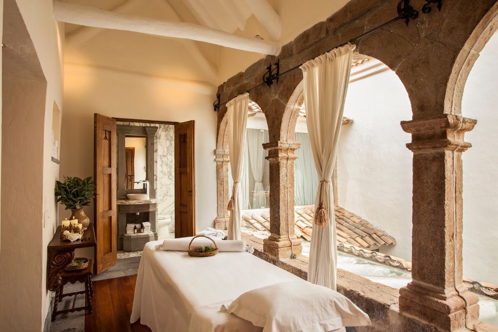 Beautiful spa area looking out over garden at the La Casona in Cusco