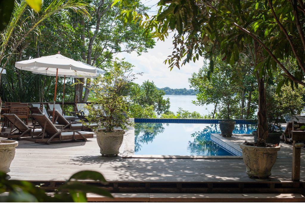 One of the swimming pools on a deck at Anavilhanas Jungle Lodge.