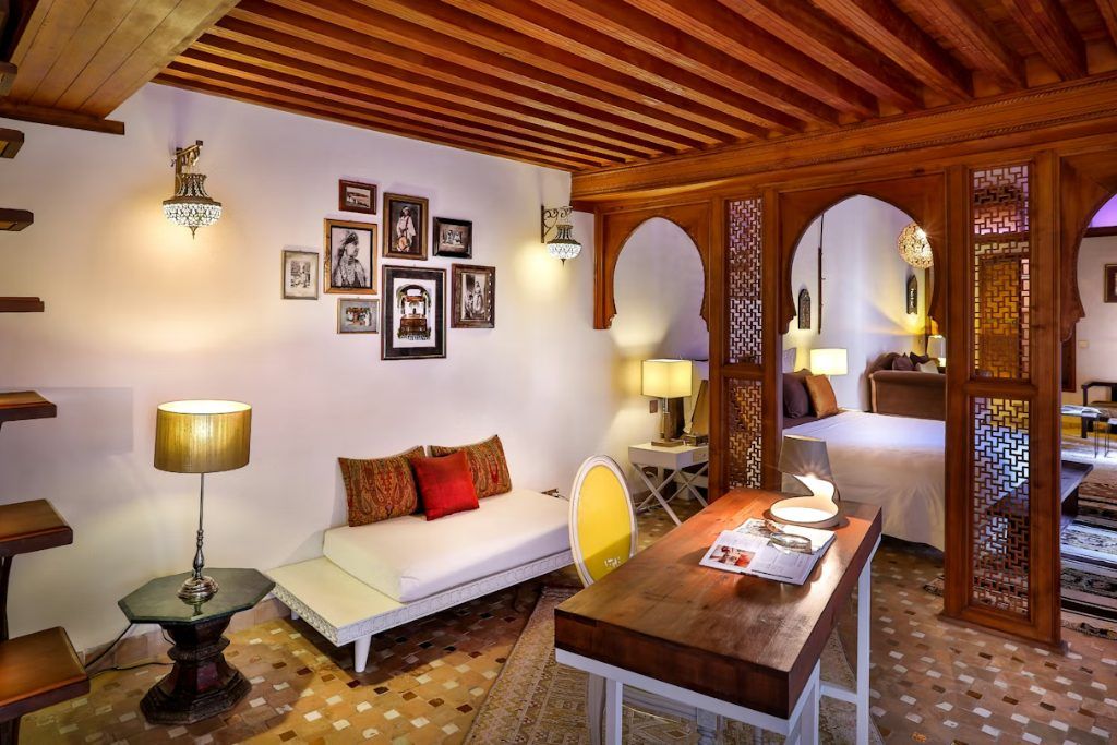 A desk in one of the rooms in Karawan Riad in Fes.