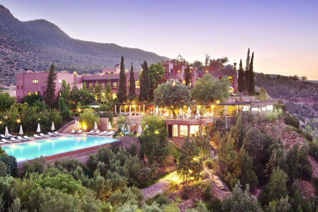 A view of Kasbah Tamadot at dusk.