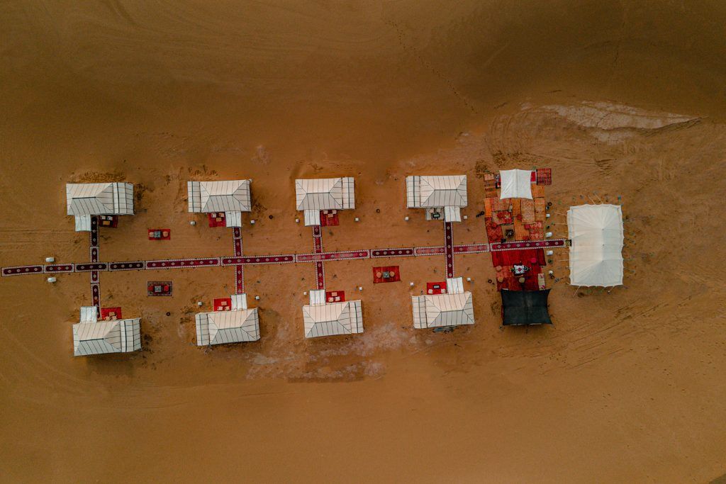 An aerial view of the Private Desert Camp in the Sahara Desert.