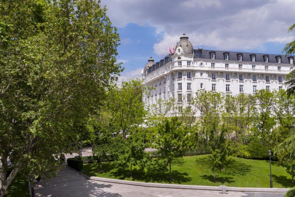 The exterior and garden at the Mandarin Oriental Ritz in Madrid.