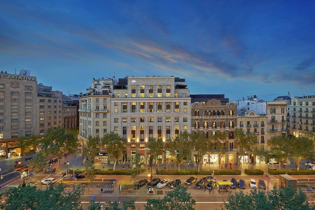 The exterior of the Mandarin Oriental in Barcelona in the evening.