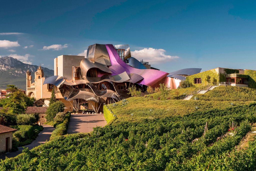 The colorful and modern facade of Hotel Marques de Riscal.