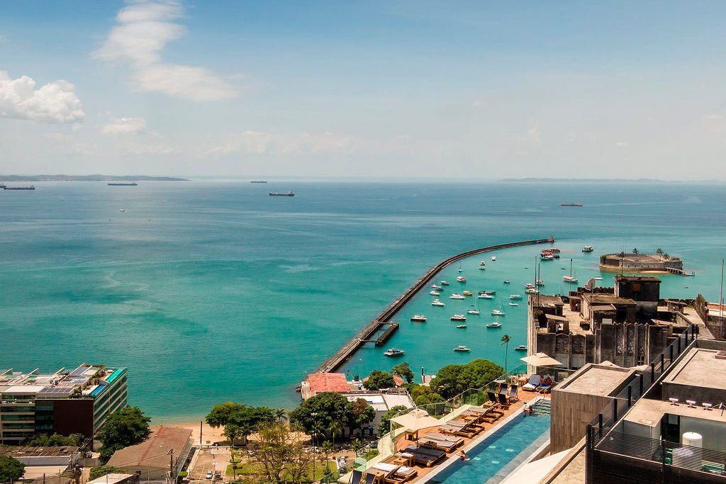 An aerial view of the beachfront Hotel Fasano Salvador.