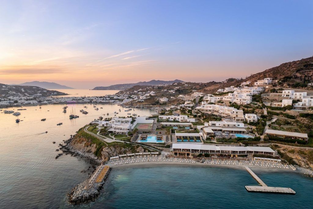 An aerial shot of the bay and Santa Marina hotel in Mykonos.