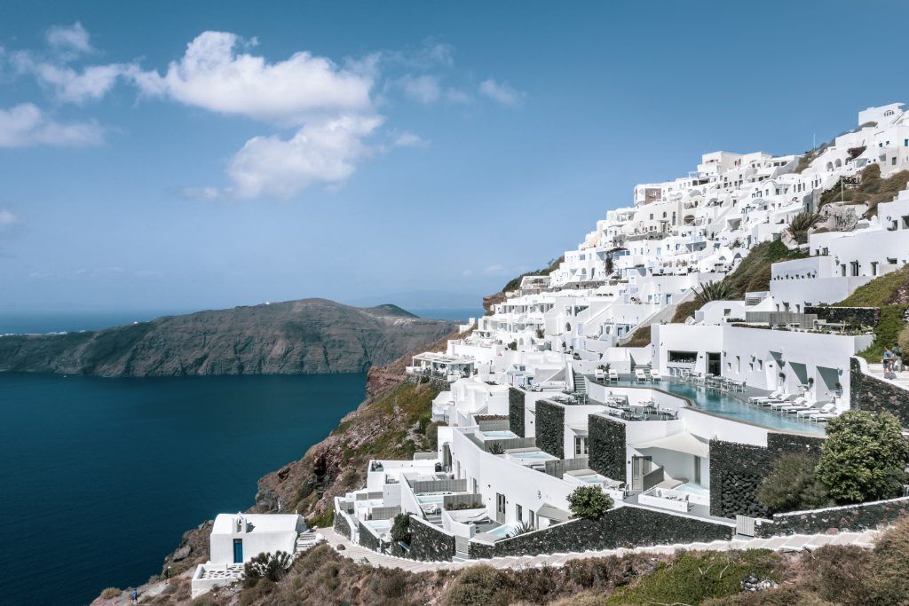 The city surrounding the white-washed Grace Hotel in Santorini.