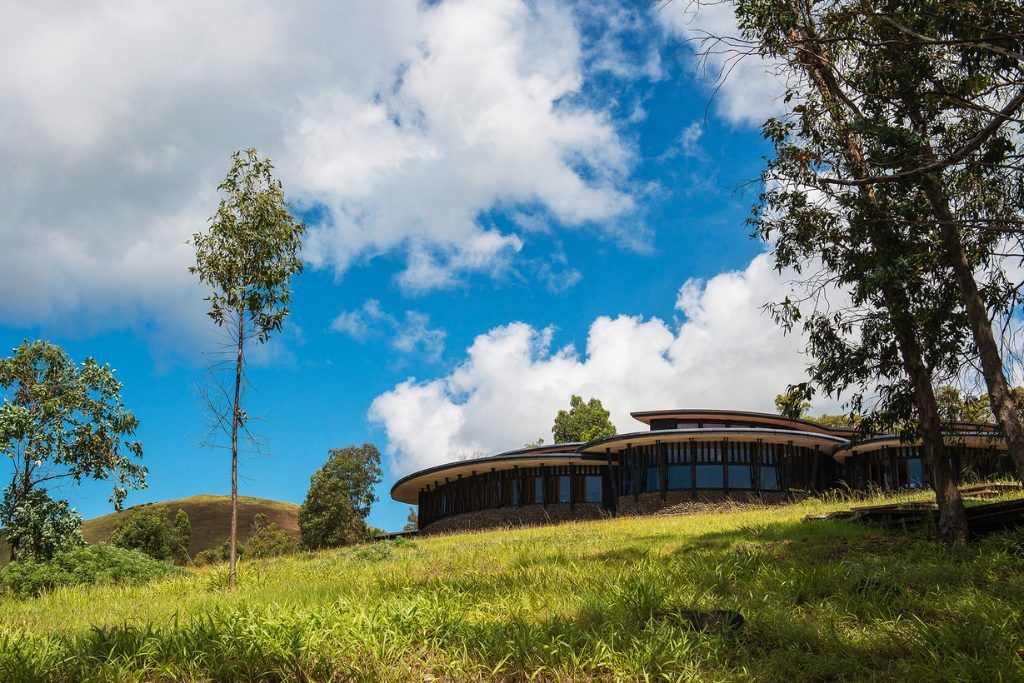 The exterior of Explora Rapa Nui on a sunny day.