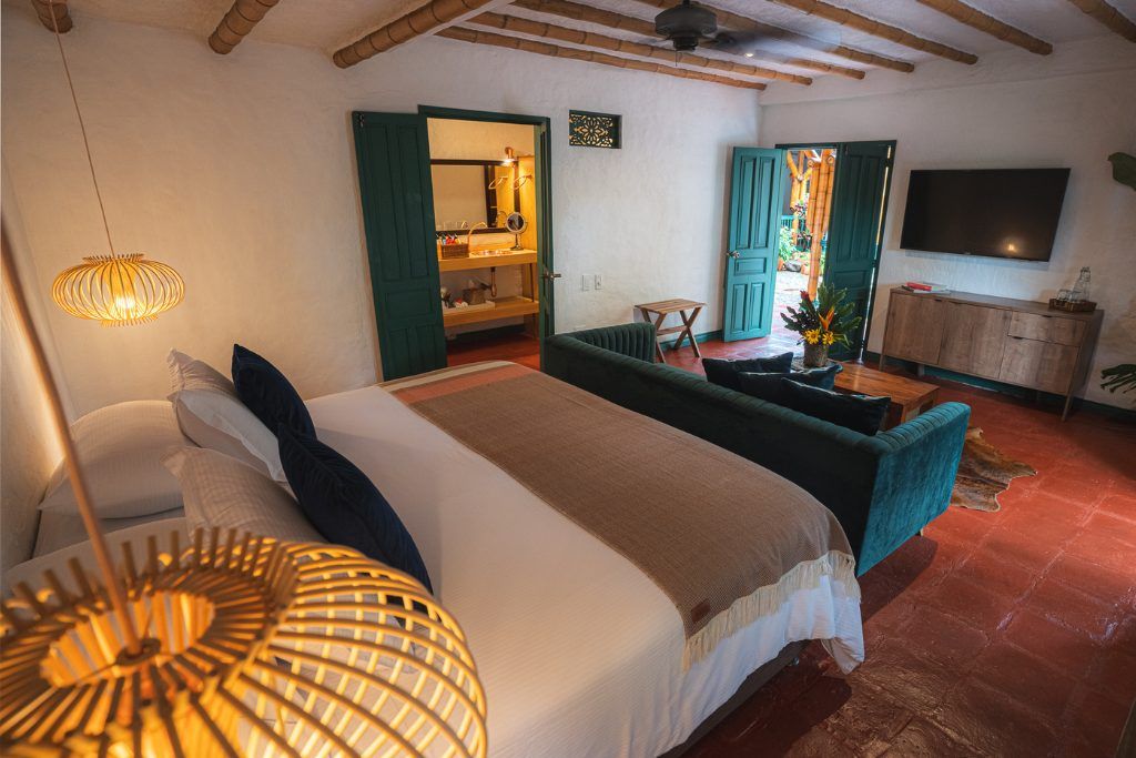 One of the sunny rooms with warm lighting at Hacienda Bambusa.