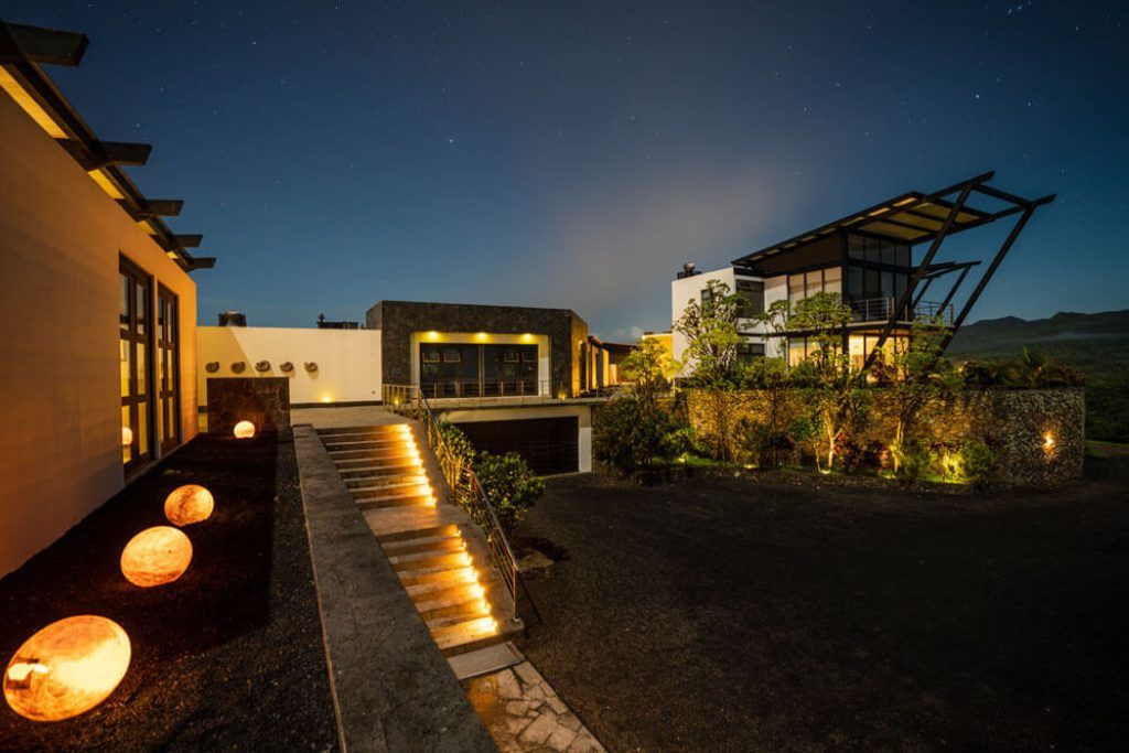 A nighttime view of the Pikaia Lodge in the Galapagos Islands.