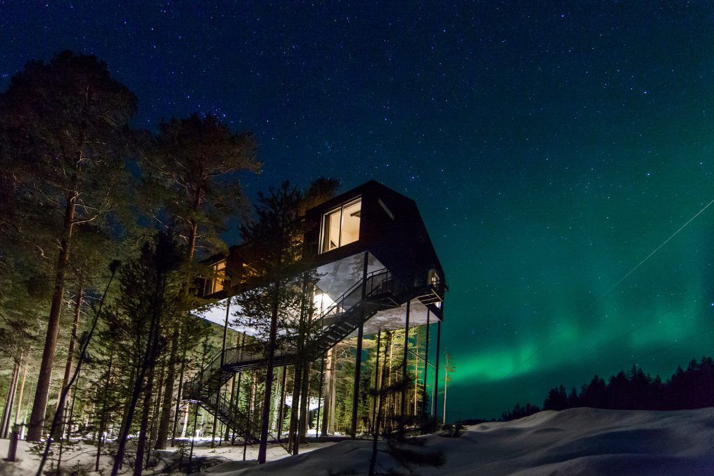 A nighttime view of one of the glass cabins at Treehotel.