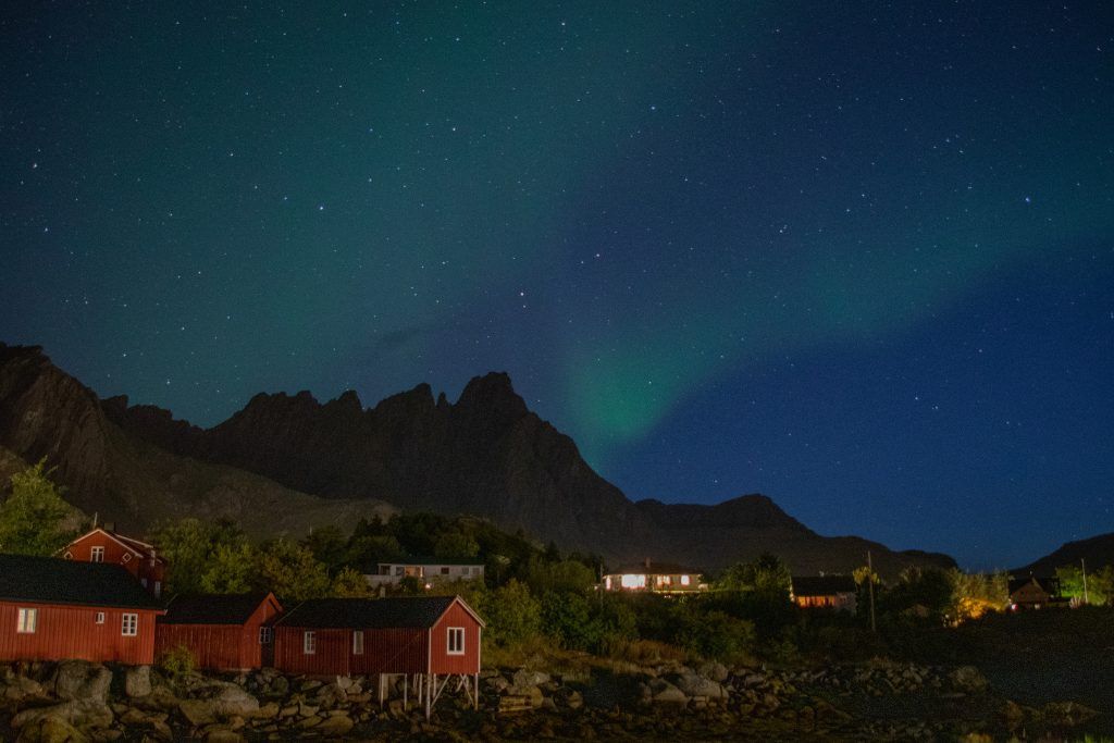 The Northern Lights over Hattvika Lodge in the Lofoten Islands.