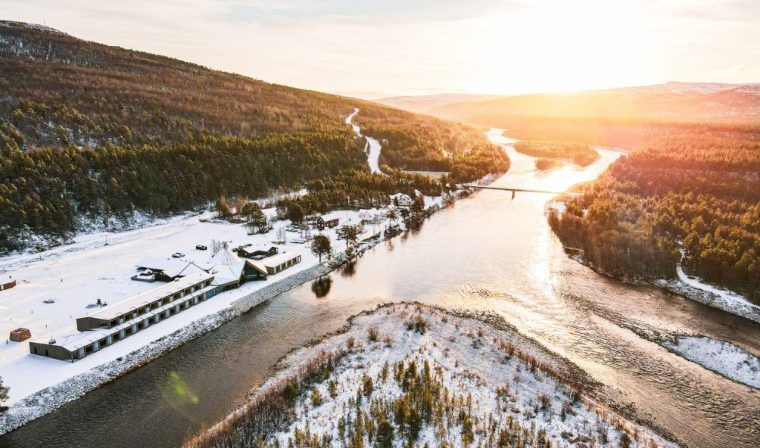 An aerial view of Sorrisniva Arctic Wilderness Lodge in the winter.