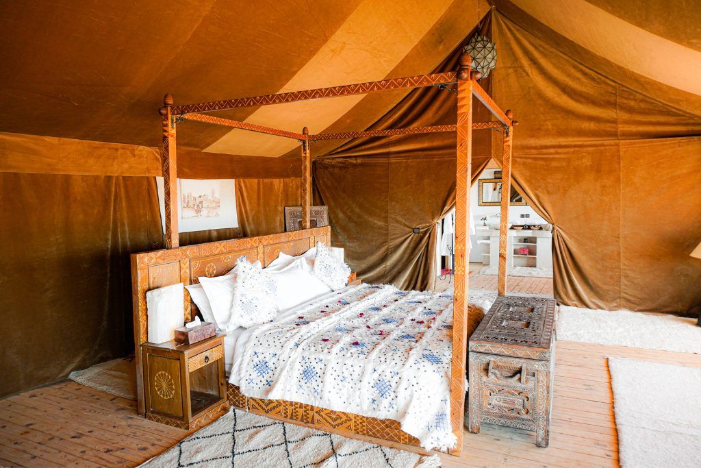 The interior of one of the tents in Luxury Desert Camp in the Sahara Desert.