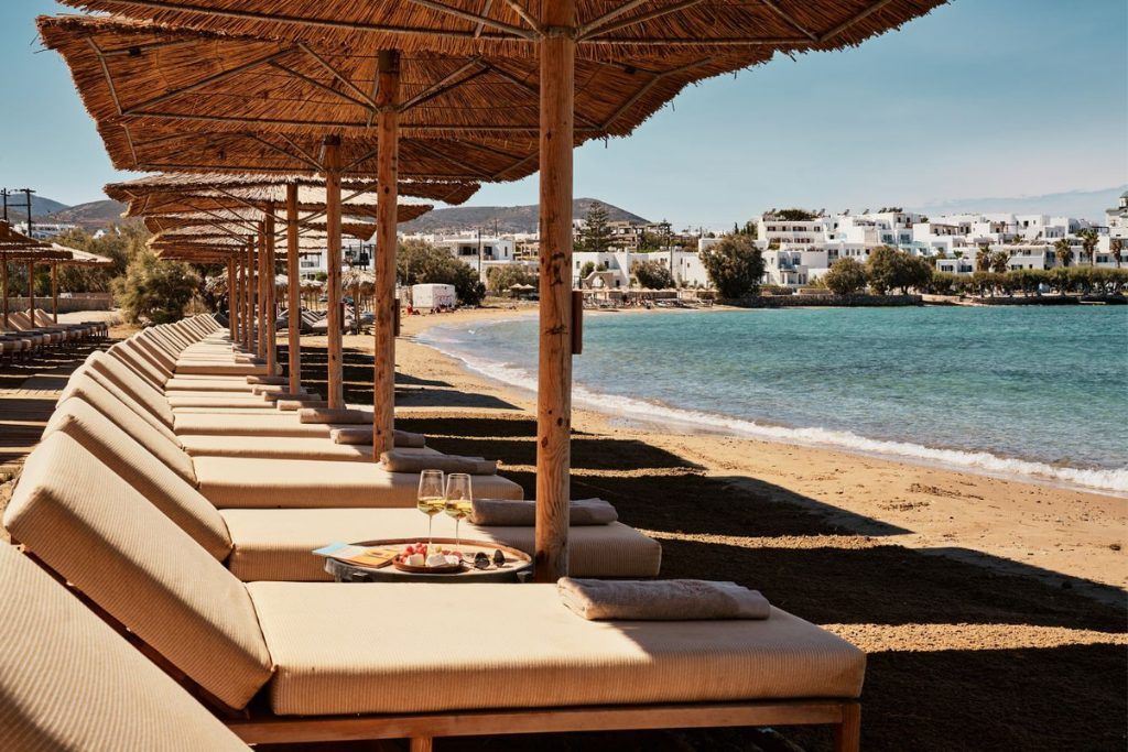 The private beach at Cosme Hotel in Paros.