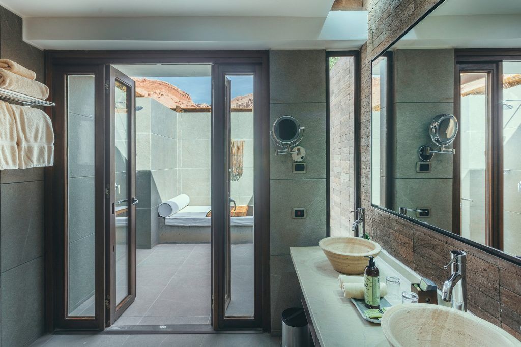 A view inside the bathroom of one of the private rooms in Nayara Alto Atacama