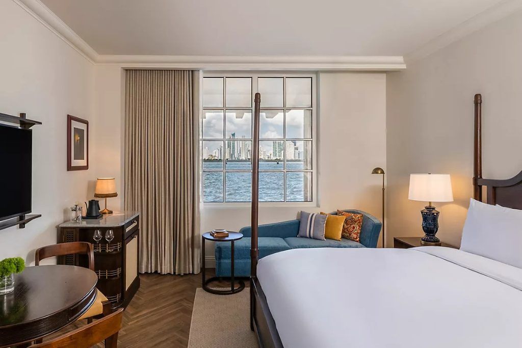 A room with a waterfront view in the Sofitel Legend Casco Viejo in Panama City.