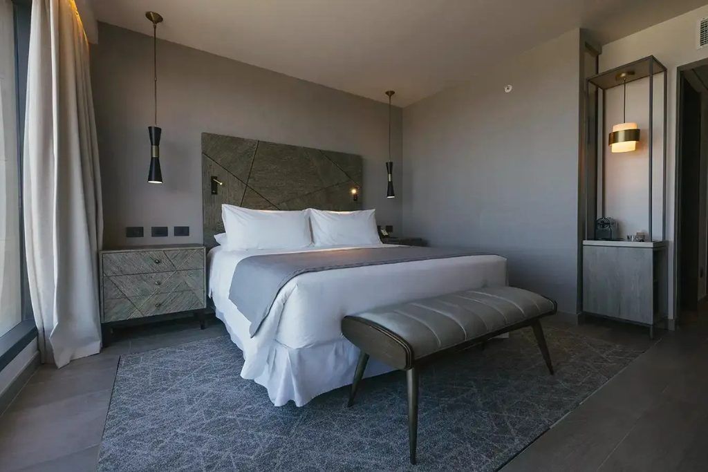 One of the bedrooms at the Cabo de Hornos hotel.