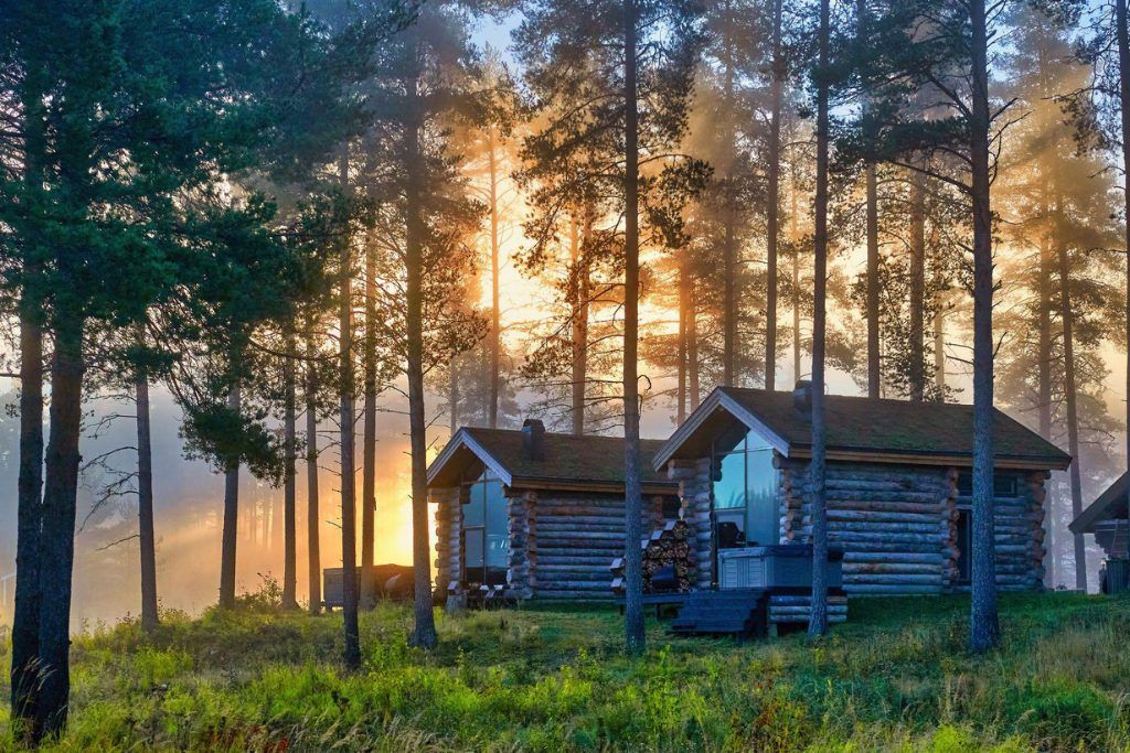 Two log cabins in the forest with a sunset in the background and Arctic Lodge.
