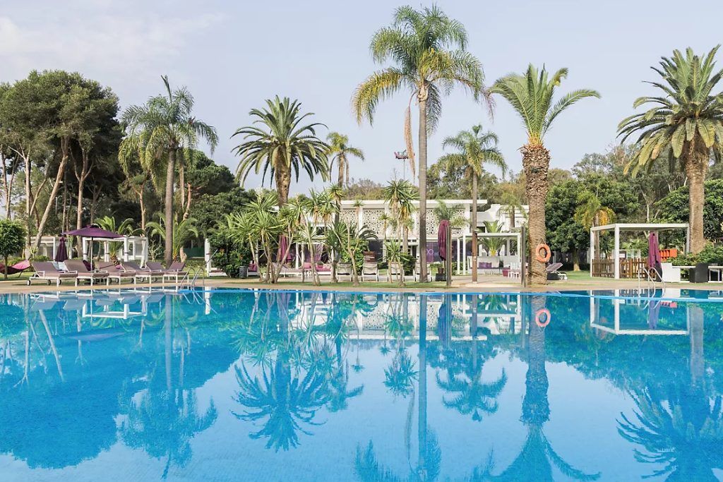 The swimming pool and several large palm trees at the Sofitel Rabat Jardin des Roses.