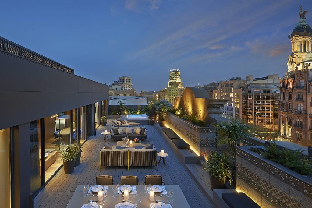 The rooftop area at the Mandarin Oriental in Barcelona in the evening.