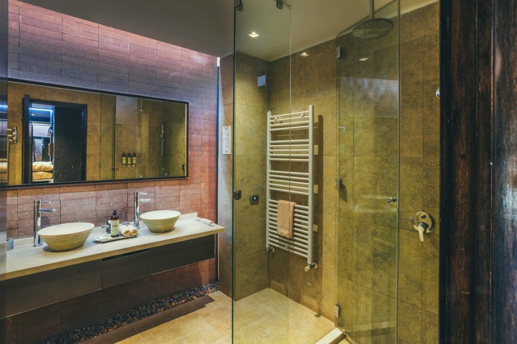 The shower and bathroom in one of the rooms at Nayara Alto Atacama.
