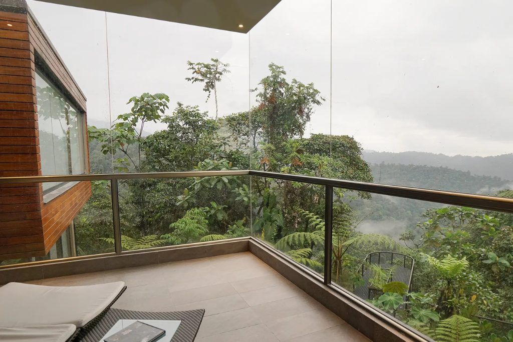 A balcony at Mashpi Lodge in the Ecuadorian Cloud Forest.