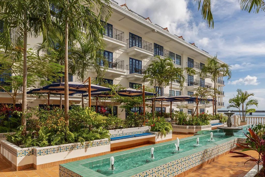 The swimming pool and loungers at the Sofitel Legend Casco Viejo in Panama City.