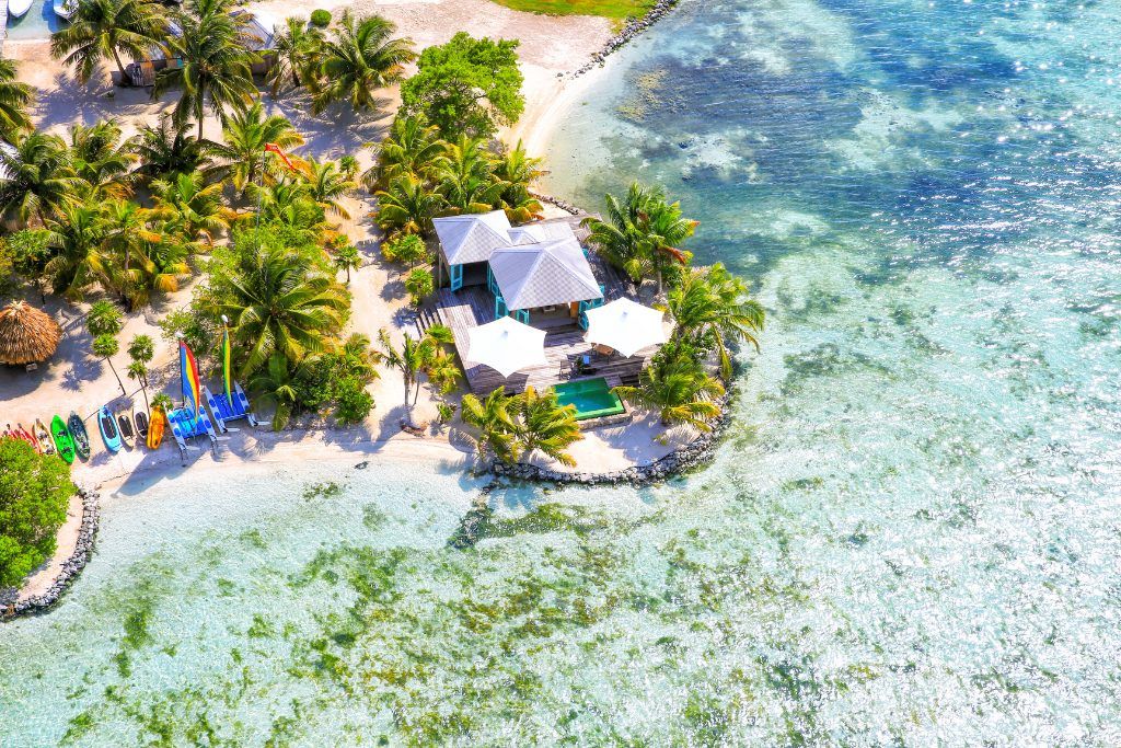 An aerial view of the private accommodations at Cayo Espanto.