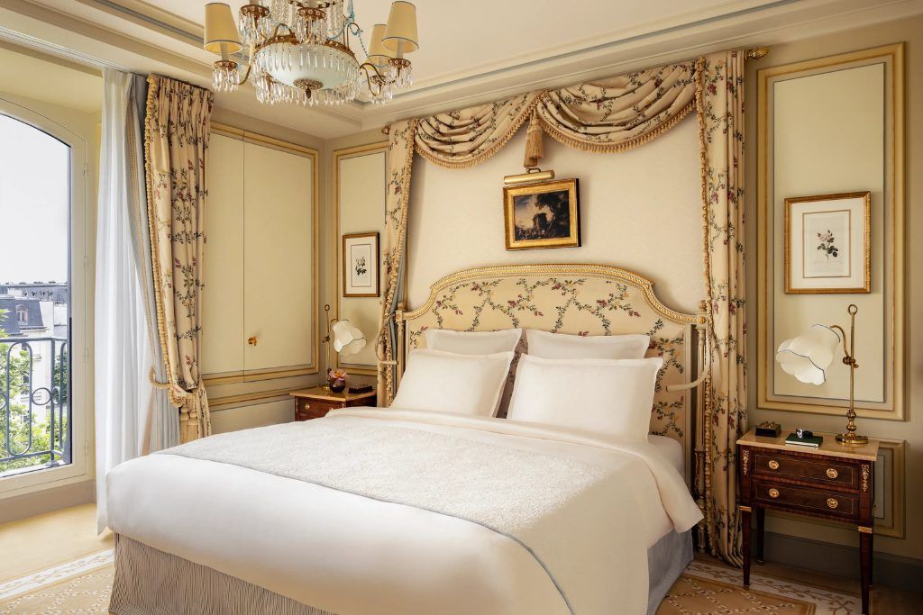 One of the bedrooms with lavish drapery in the Ritz Paris.