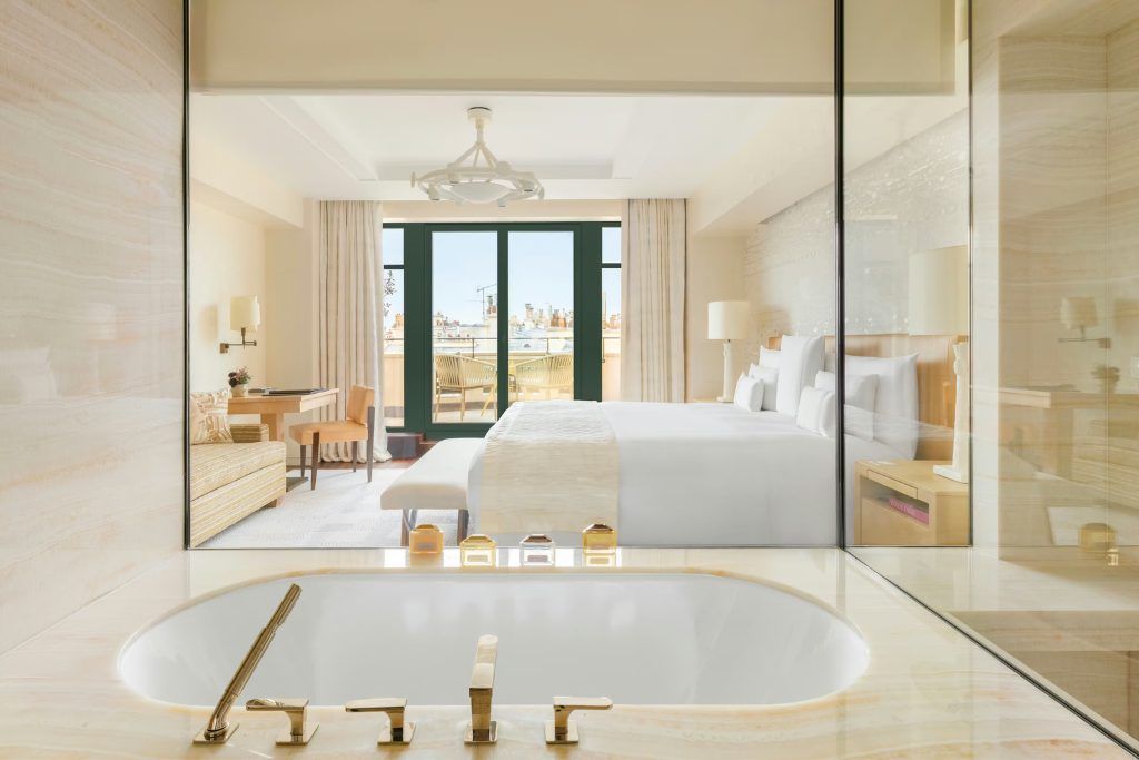 A view from inside the bathroom in one of the rooms at Cheval Blanc in Paris.