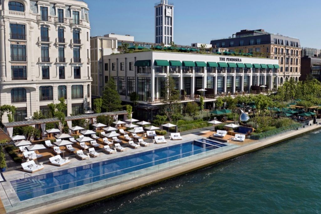 The swimming pool outside The Peninsula Hotel.