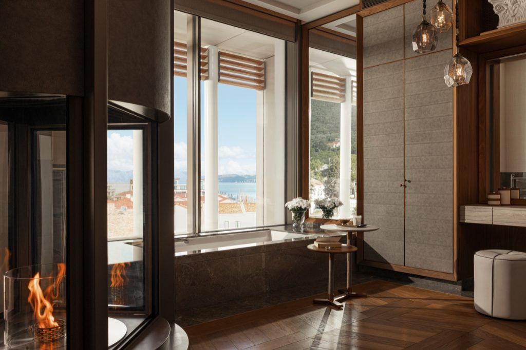 A view from one of the bathrooms in the One&Only Portonovi with a tub by the window.