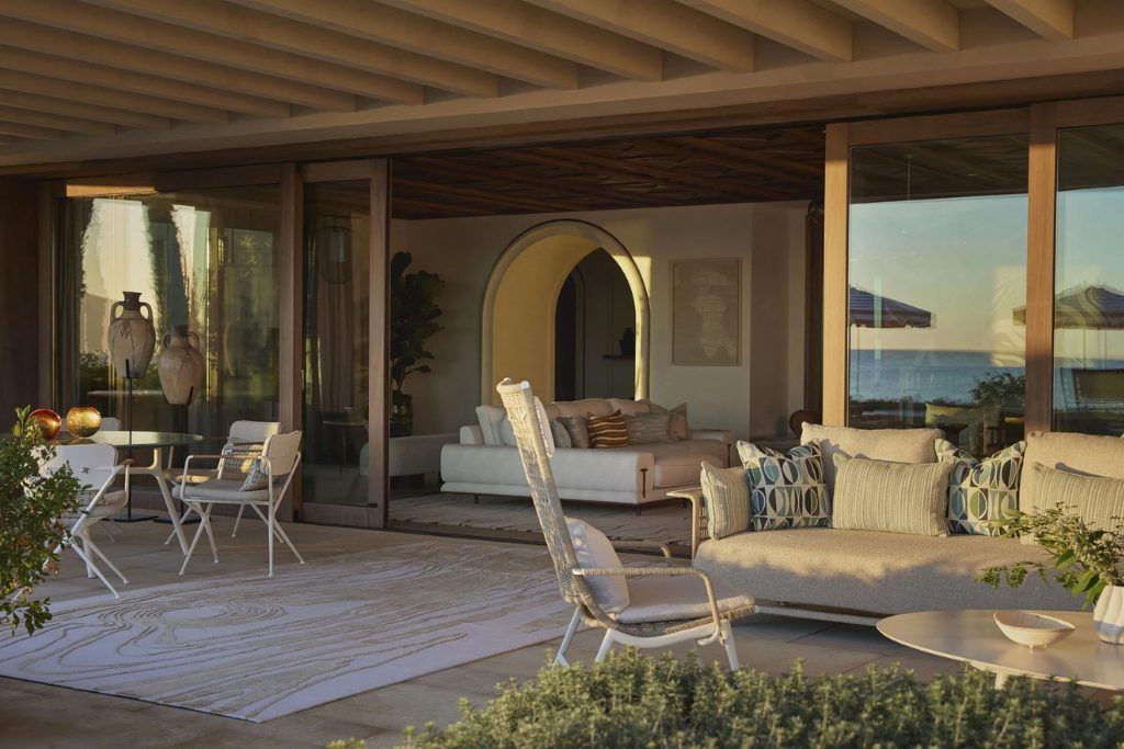 An outdoor lounge and garden patio at the Royal Mansour in Marrakech.