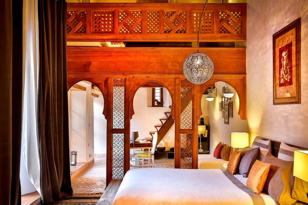 A view of a staircase in a riad bedroom in Karawan Riad.