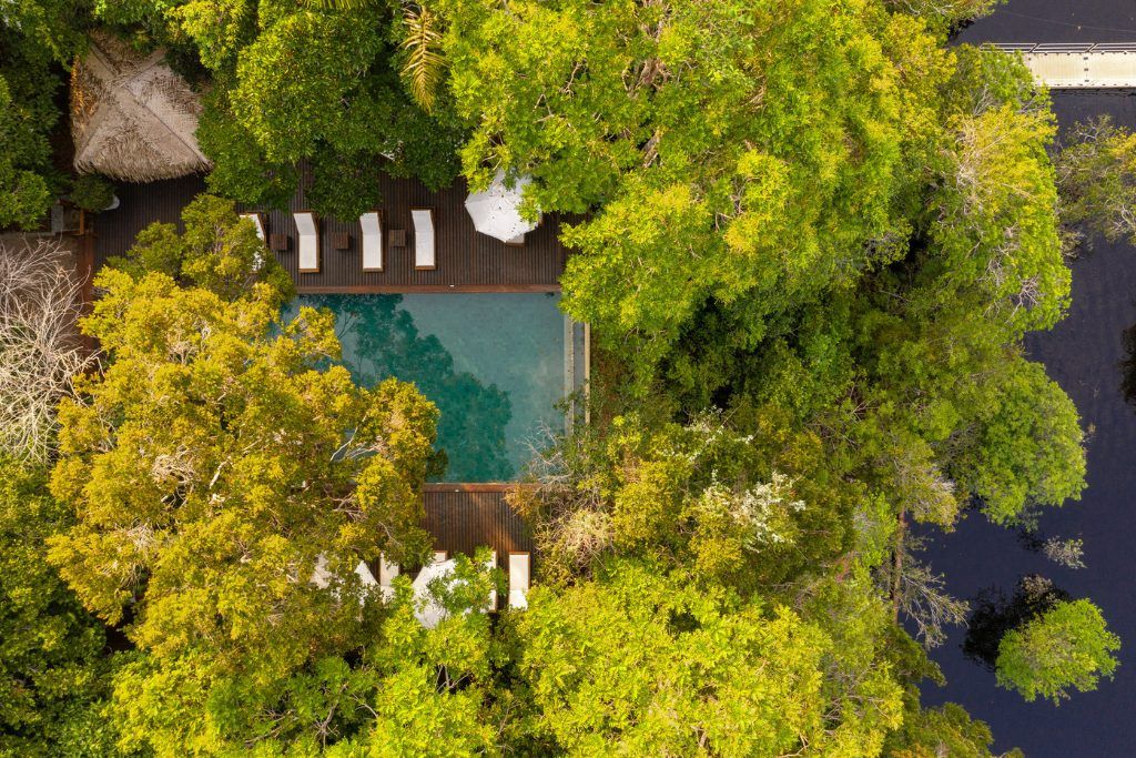 An aerial view of the pool at Anavilhanas Jungle Lodge.