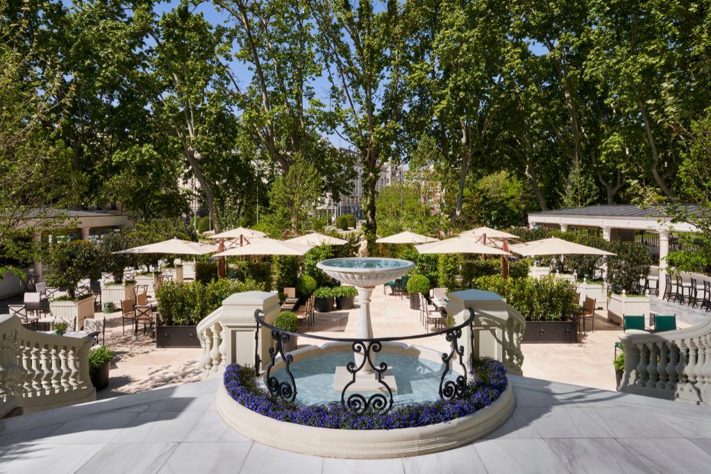 The garden patio and fountain at the Mandarin Oriental Ritz in Madrid.