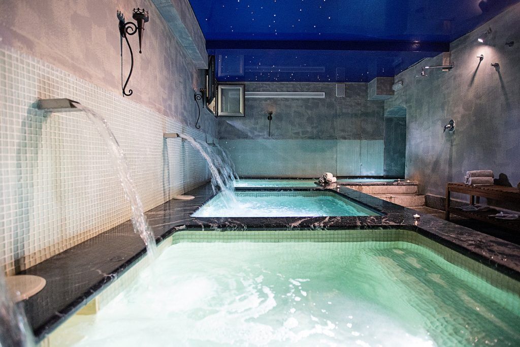 A view of two of the swimming pools in the spa at Hospes Palacio del Bailio.