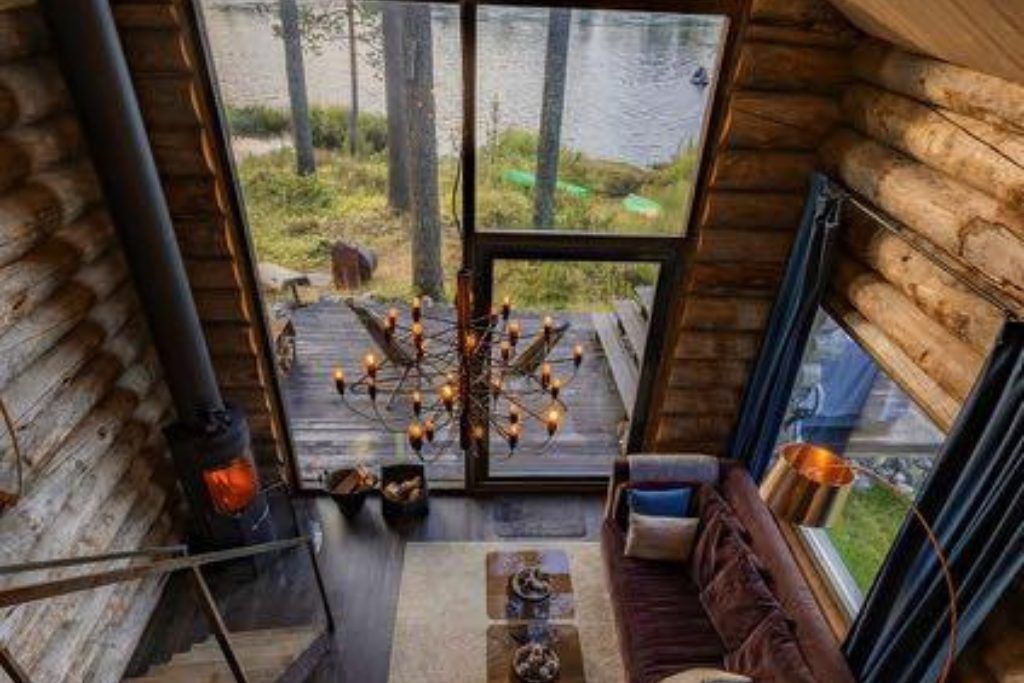 A topdown view of the lounge area in the cabins at Arctic Retreat in Swedish Lapland.