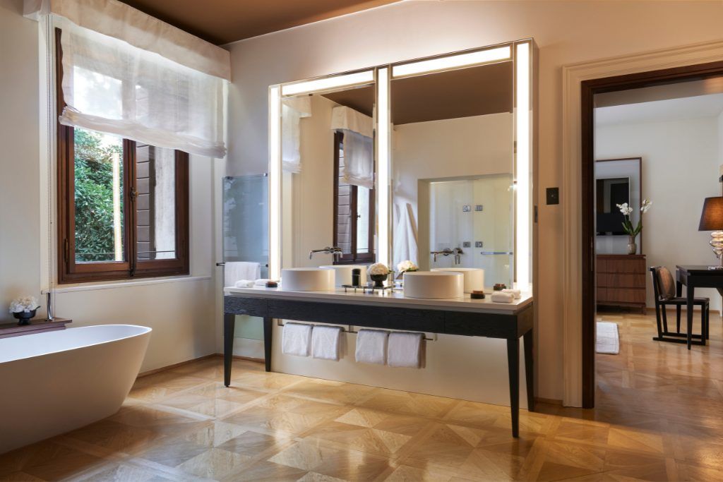 The double sink in a bathroom at the Aman Venice.
